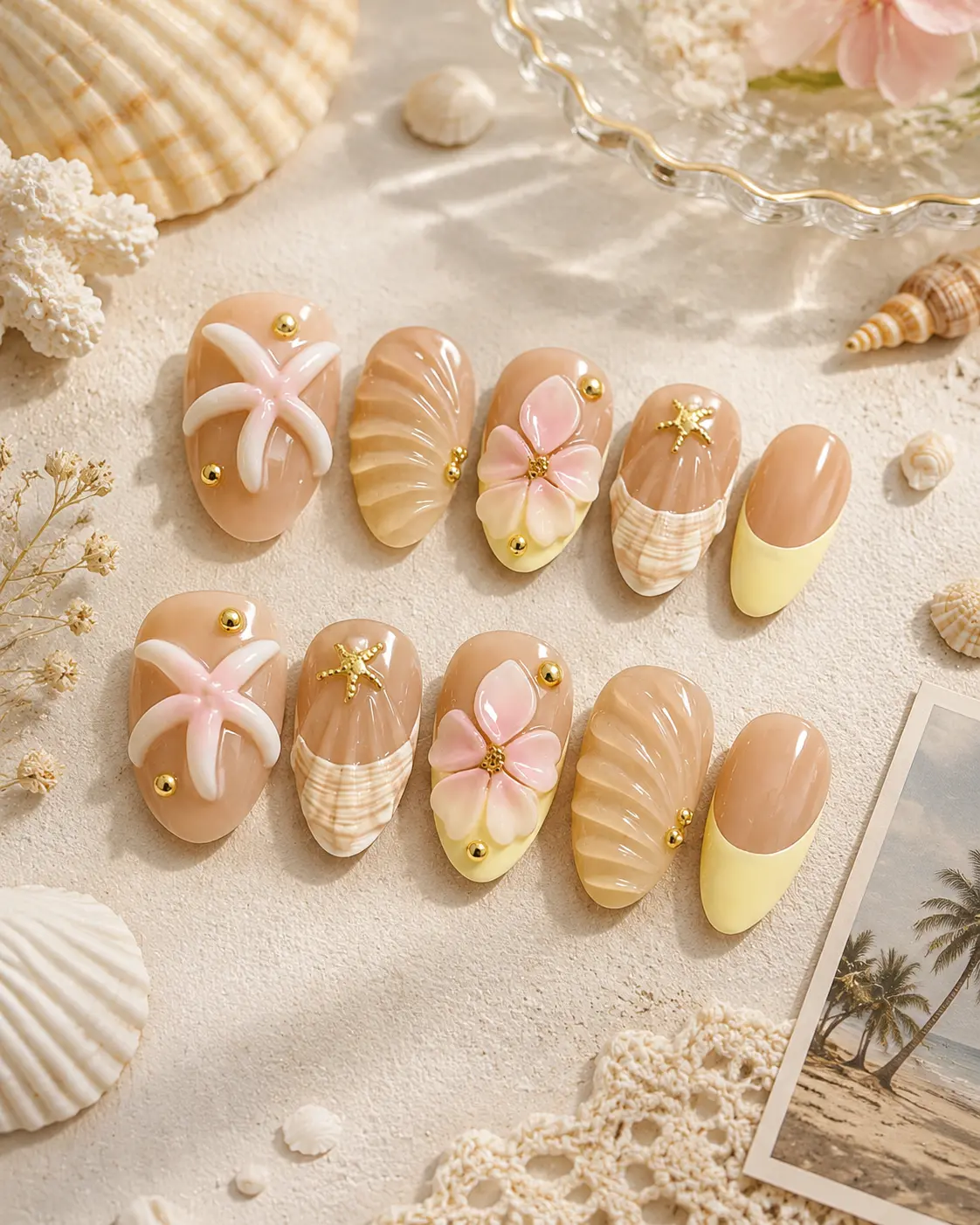 3D Ocean Inspired Press On Nails, Summer Beach Nail Set, Nude Almond Fake Nails with Seashell Flower Starfish Design, Handmade Gel Nail Tips