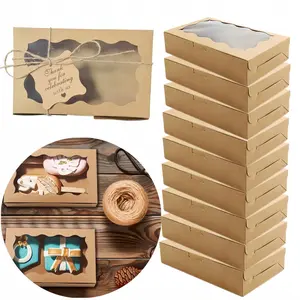 Kraft Paper Boxes with Window, Includes Card and String, Ideal for Cookies, Donuts, Wedding, Party, Birthday, Outdoor Events, Cake Box