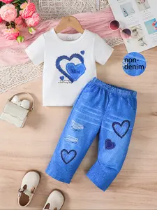 Kids' Casual Heart Print Short Sleeve T-Shirt Set, Fitted Jeans Pants, Spring Summer, Boys Girls, Outdoor Wear