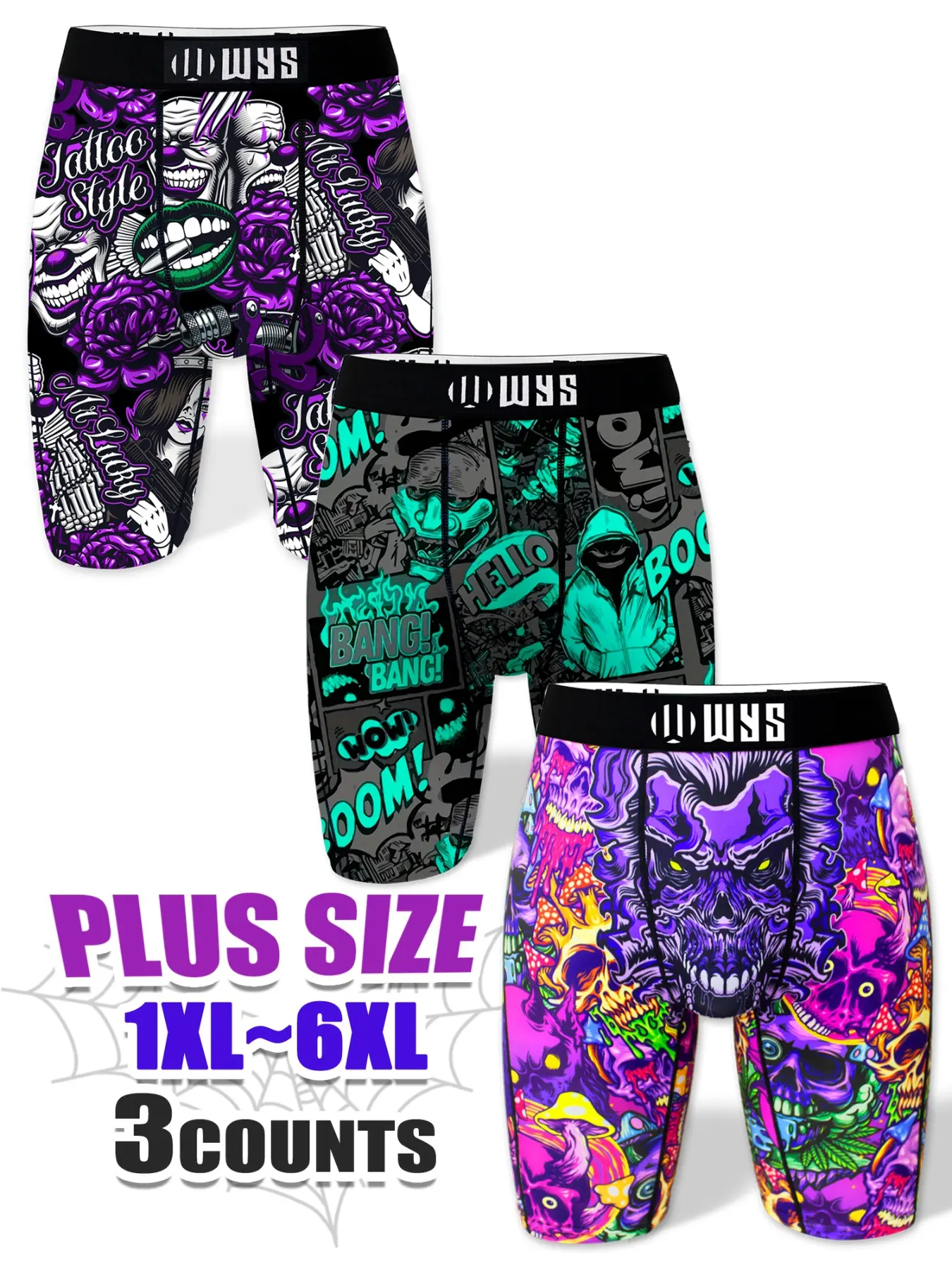 Men's Plus Size Long Briefs 1xl-6xl, Breathable Sports Underwear, Casual Style Underwear, Moisture Wicking, Halloween Rose Clown Print, Quick Dry, Elastic Comfort, Soft Breathable Briefs, Casual Fitted Briefs, All Season Briefs, Novelty Print Briefs