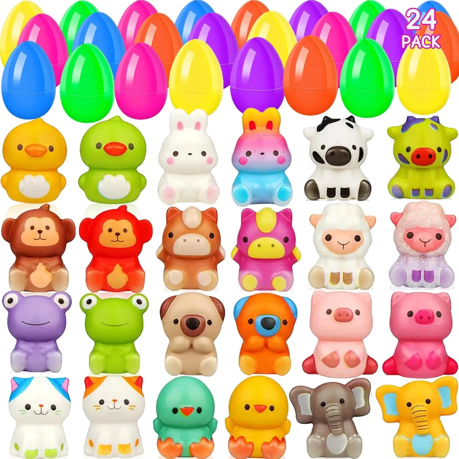 24 Piece Easter Egg Set, 2.8 Inch Height Fillable Plastic Eggs with Colorful Animal Squishies, Non-Candy Fidget Toys for Kids Basket Stuffers, Stress Reliever, Party Favor