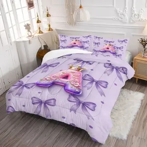 Bow Pattern Comforter Set, 3D Crown Letter Print Comfy Bedding Set, Fashion Princess Style Design, Soft and Comfortable Microfiber Material, Perfect for Girls Teenage Room Decor Home Decorating Kit, No Filler Included