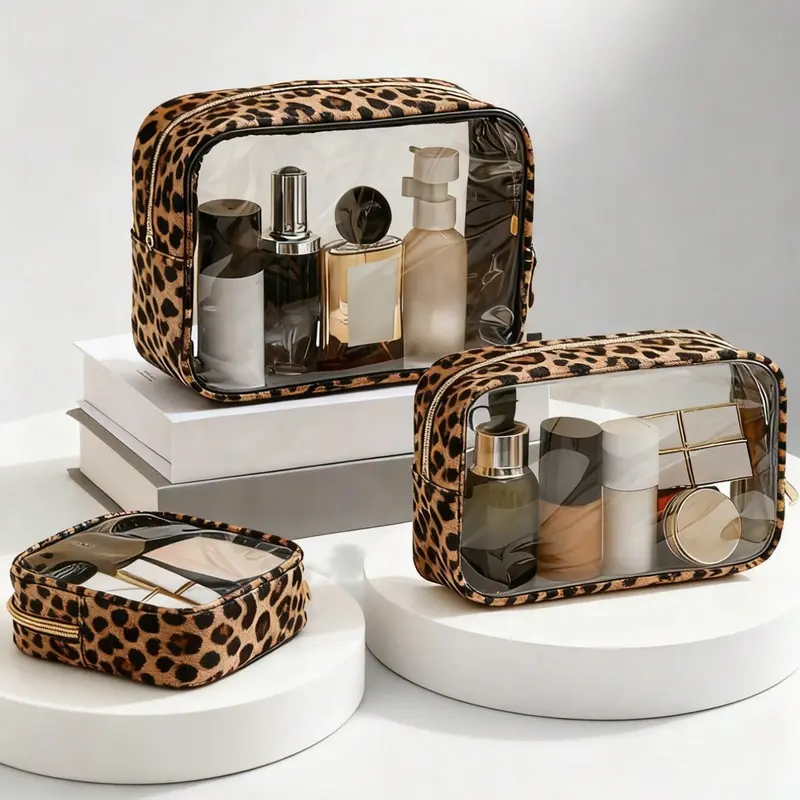 Transparent PVC leopard print zipper makeup bag, Cosmetic travel bags, waterproof storage bag, toiletry organizer, portable skincare bag, suitable for makeup, lightweight, durable, transparent viewing window, suitable for men and women