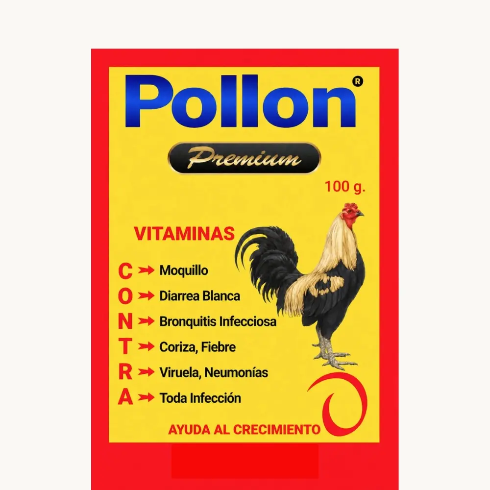 “Pollon Plus, a supplement that helps improve the condition of poultry such as hens, roosters, chicks, and many more, ensuring a better mood and healthy, clean development. 100-gram package.