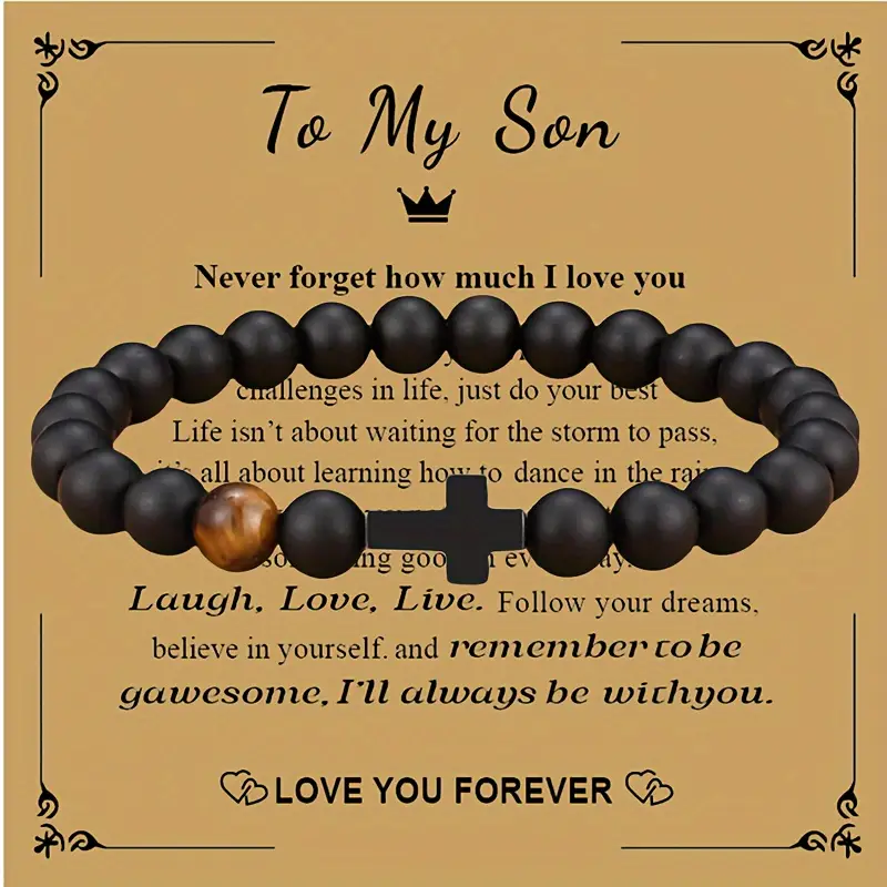 Black Color Stone Bracelet With Cross Decoration Blessing Card For Brother Boyfriend Son Husband, Valentine's Day Birthday Gift