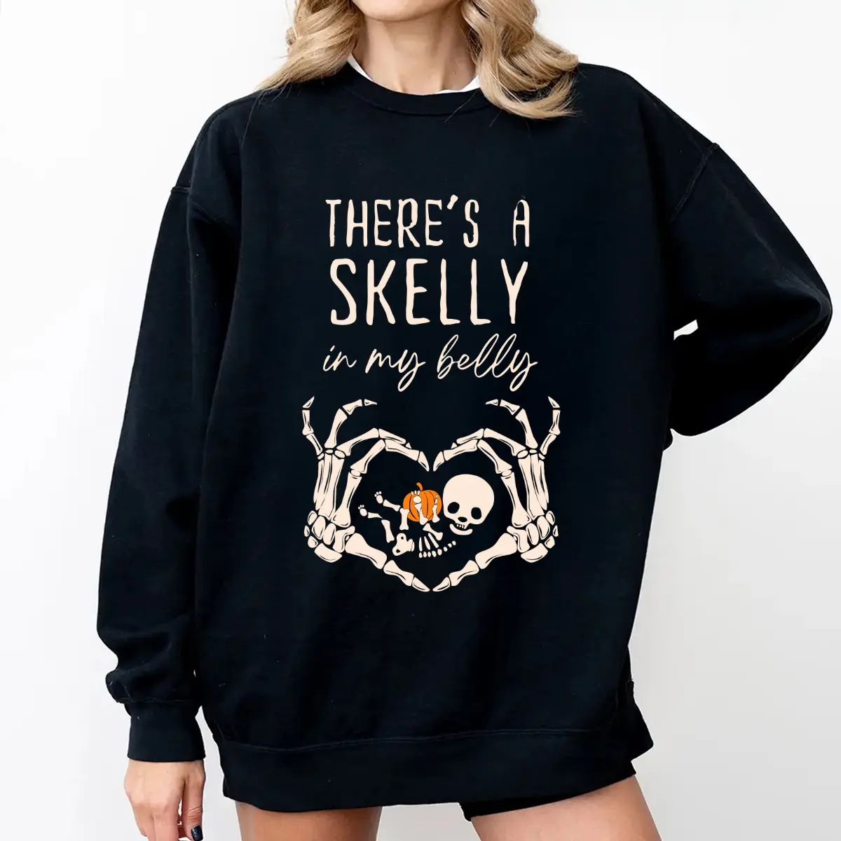 There's a Skelly in My Belly Maternity Sweatshirt, Funny Halloween Pregnancy Crewneck, Baby Skeleton Pumpkin Graphic Gift