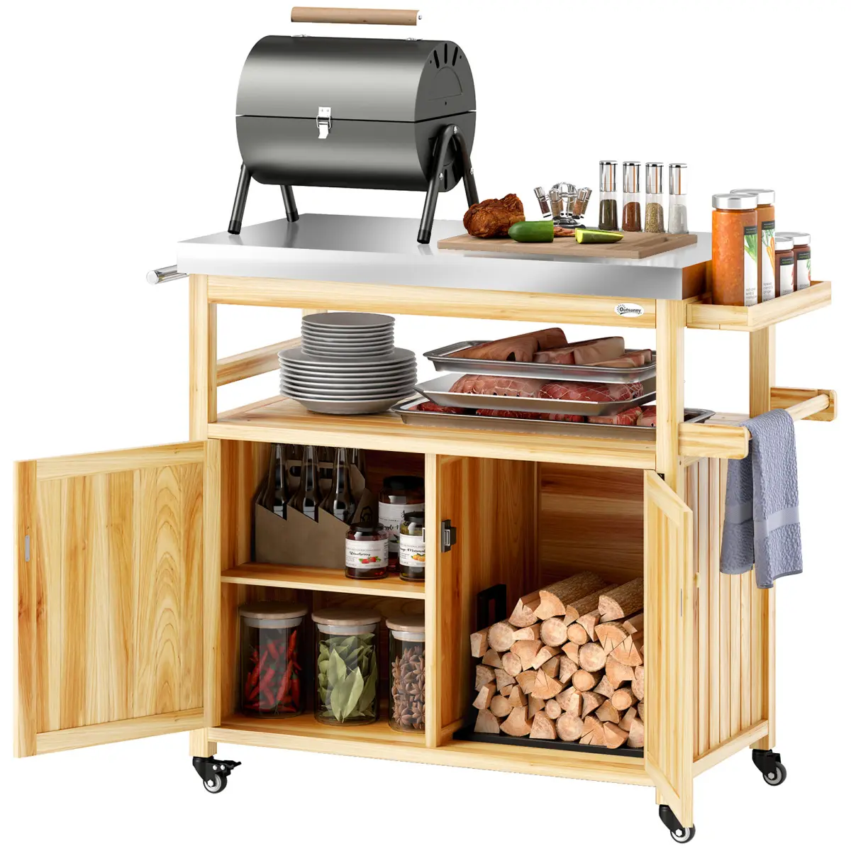 [Bellemave] Outdoor Grill Cart w/ Wheels and Storage Cabinets, Solid Wood Outdoor Kitchen Island w/ Stainless Steel Top, Integrated Hole, Natural