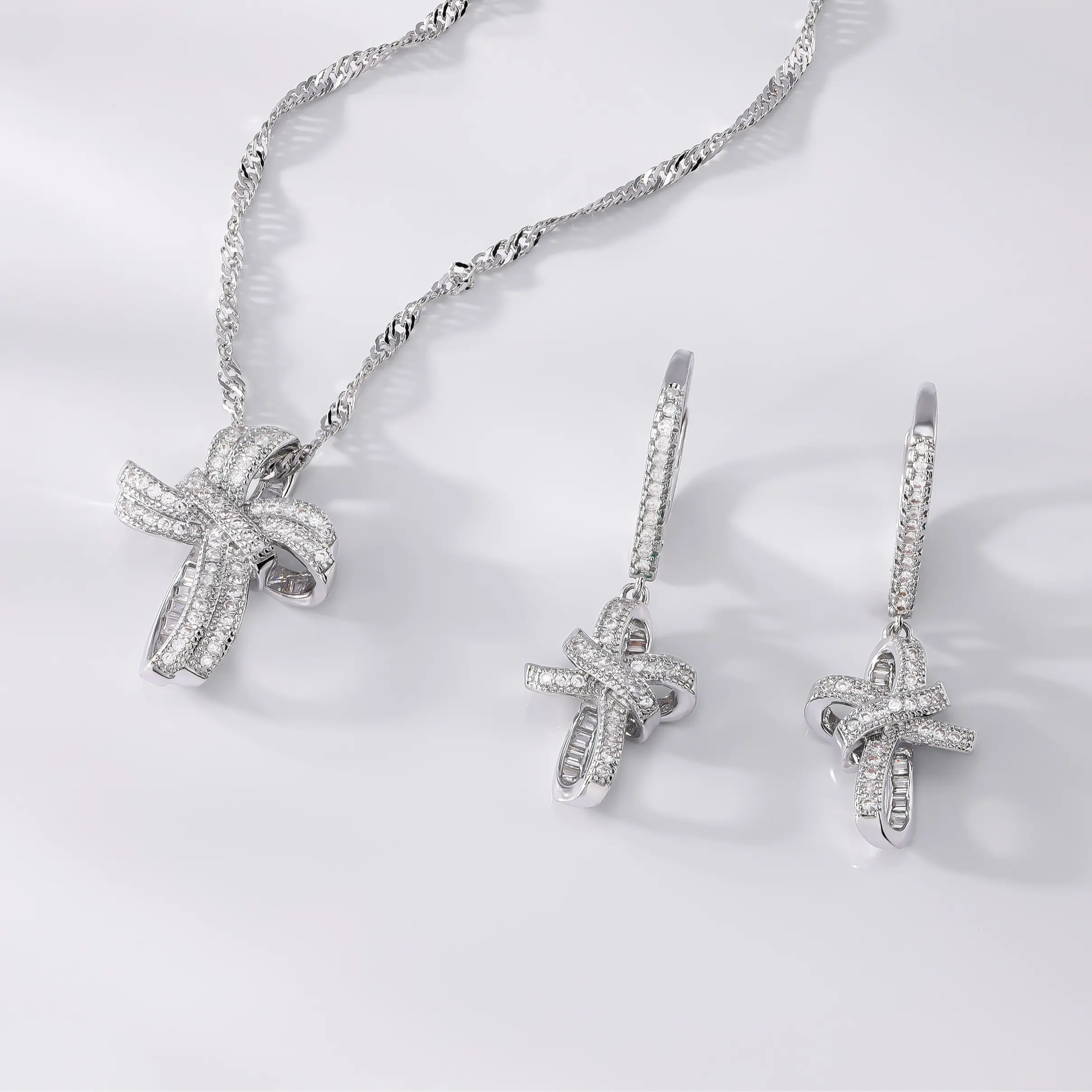 JTV White Cubic Zirconia Rhodium Over Brass Cross Earrings and Pendant Set 1.48ctw