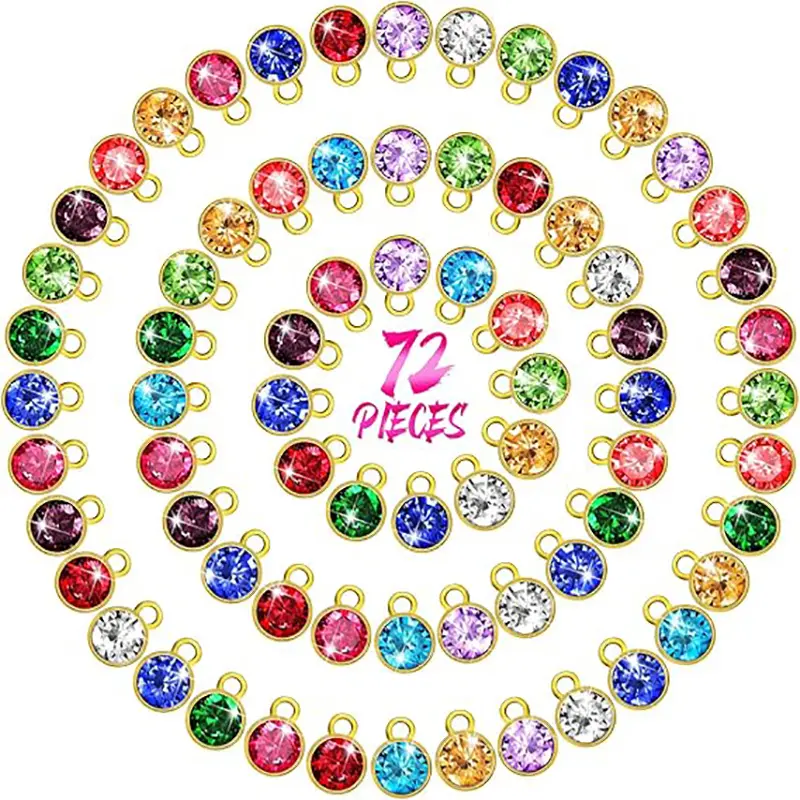 72pcs Chic Unisex Circle Alloy Birthday Stone Pendants - Diamond-Accented Dainty Bright Charms for DIY Jewelry Making, Accessories for Necklaces, Bracelets, Holiday Gifts