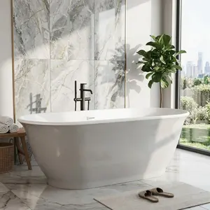 🛁 59"/67" Freestanding Oval Soaking Tub – Acrylic White Bathtub with Push Drain – Compact Modern Spa Bath for Bathroom Renovation! ✨, Deep Soak Tub