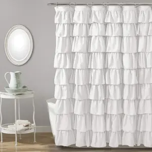 Ruffle Trim Shower Curtain, 1 Count Soft Washable Polyester Cloth, Water-repellent Shower Curtain, Bathroom Accessories, Home Decor Supplies, Waterproof Bathroom Curtain