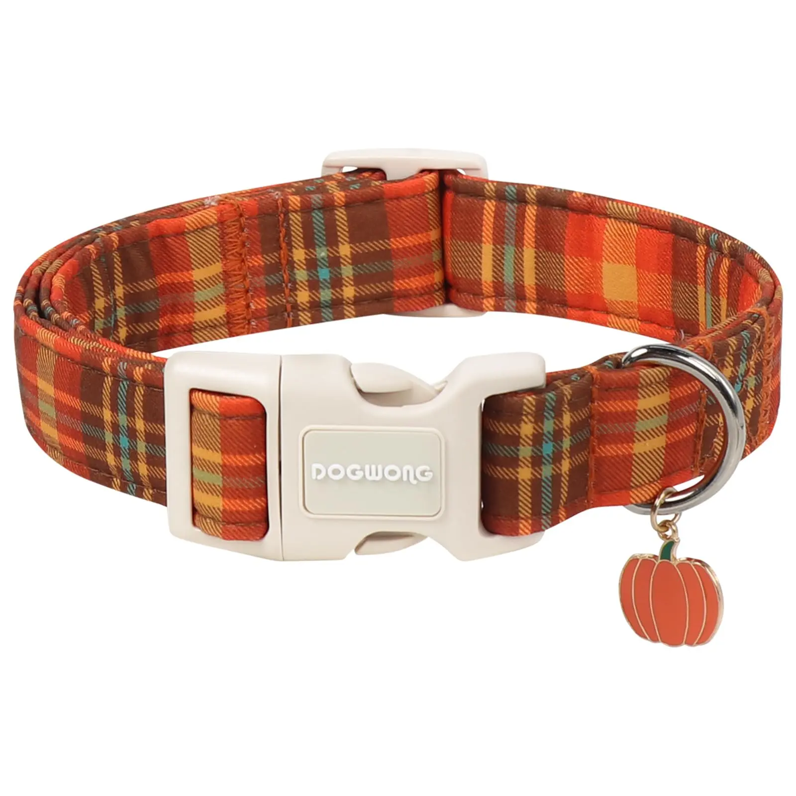 DOGWONG Fall Plaid Cotton Dog Collar - Adjustable, Lightweight, Quick Release, Chew Resistant, Universal for Small/Medium/Large Dogs, Vintage Pumpkin Accessory for Puppies