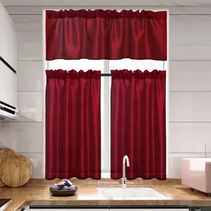 3 Panels Red Rod Pocket Faux Silk Sheer Curtains Solid Color Set with 2 Tiers 26x36 inch Each and 1 Valance 52x14 inch for Kitchen Bathroom langsir bidai blackout sheer Ring brocade blind langsir hook rod gradient cabinet