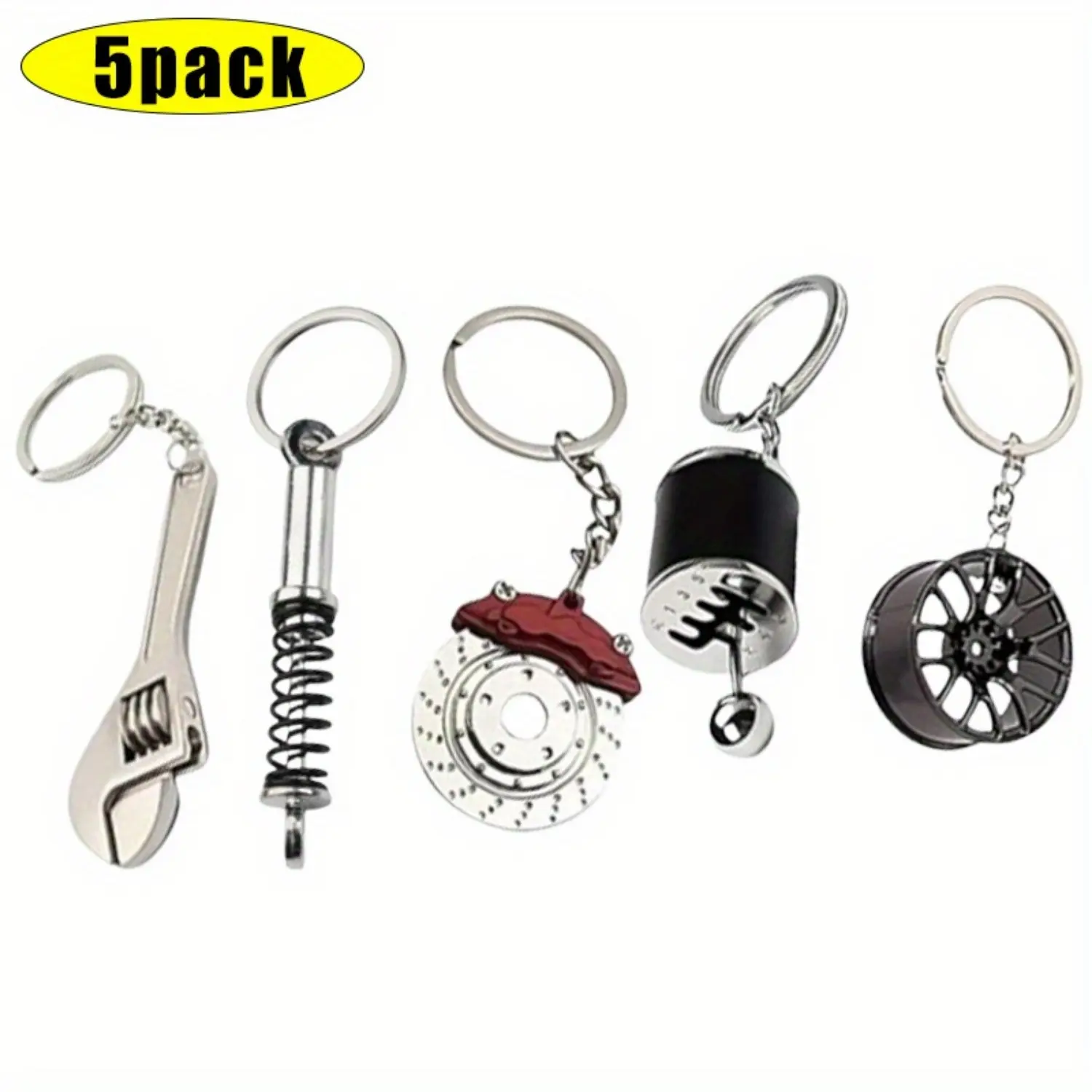 5Pcs Unisex Car Parts Shape Keychains - Silver Turbo, Black Manual Gearbox, Tire Rim, Black Brake Rotor, Silver Spanner Shock-absorber, Keychains for Women, Gift Item for Identifying Keys, Identify Keys, Parts Shapes, Unique Look, Vehicle-Themed