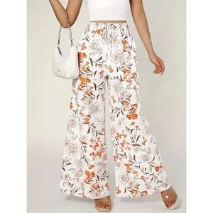 Boho Elastic High Waist Pants Women's Flowy Wide Leg Beach Print Casual Lounge Pants Fabric Fit Polyester Floral Drawstring Waist Long Length Loose Fit Womenswear Loose Trouser Wideleg