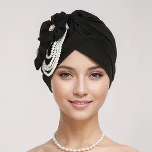 Women's Elegant Faux Pearl Flower Turban Hat, Stretchy Breathable Muslim Head Wrap, Chemo Cap