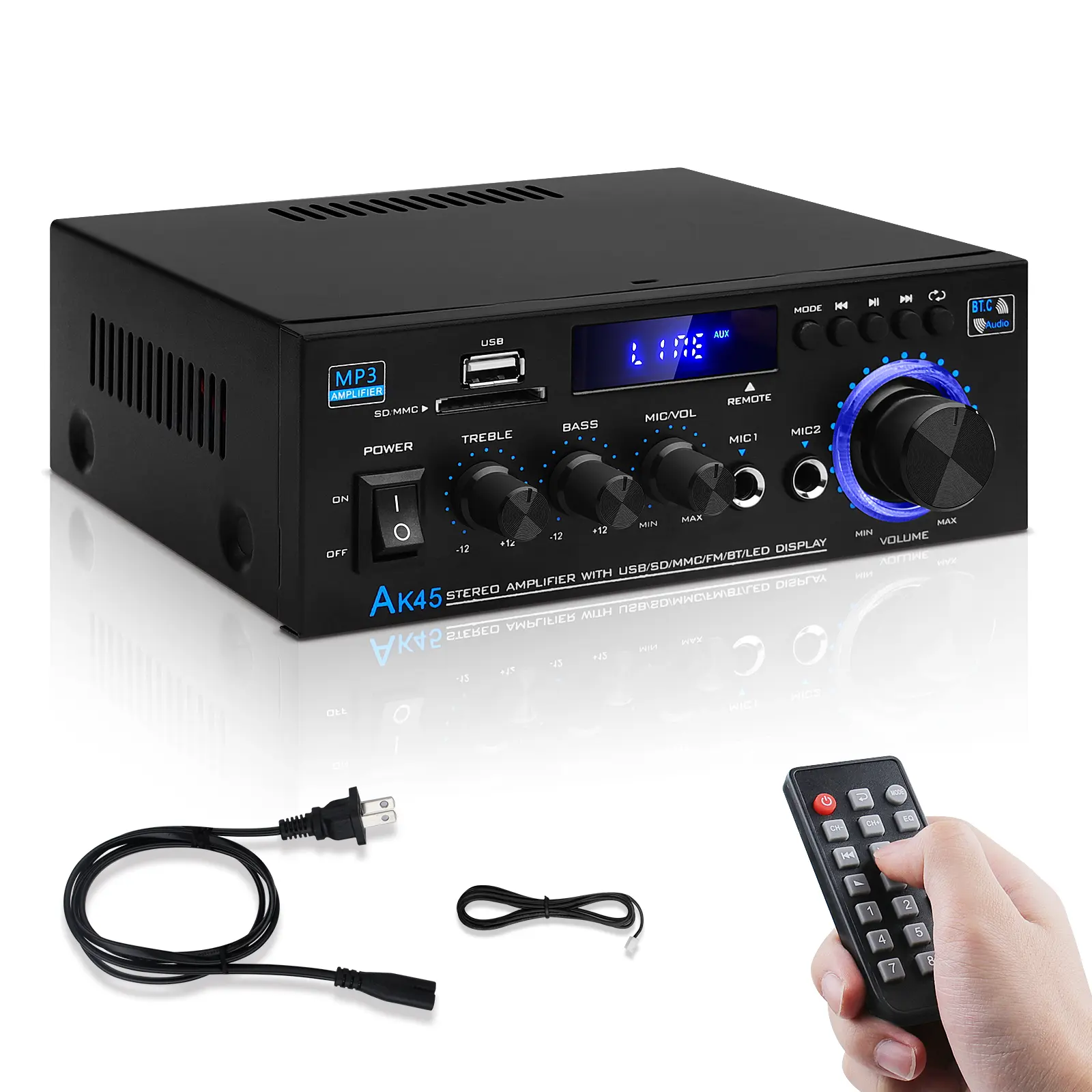 AK45 Compact HiFi Stereo Mini Power Audio Amplifier Receiver - Bluetooth 5.0, 40W x 2, 400W RMS 2.0 Channels, M&I, USB, RCA, FM Radio, Microphone Jack, Wireless Connection, Karaoke Noise Reduction, Remote Control, Smartphone Compatible