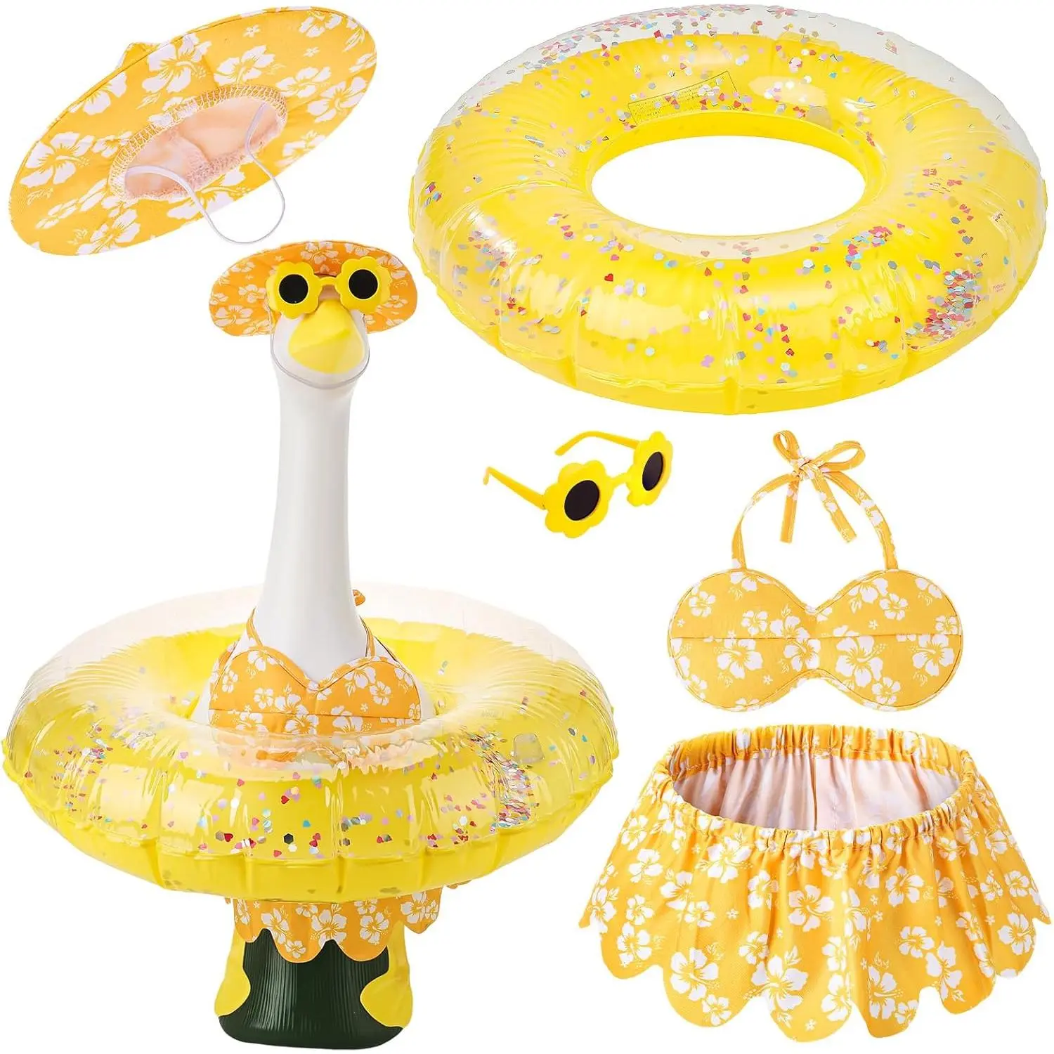 Colorful Festive Outdoor 5-Piece Porch Goose Matching Clothes Set - Swimsuit, Floatie, Hat, Sunglasses for 23 in Decor, Pool Party Gifts
