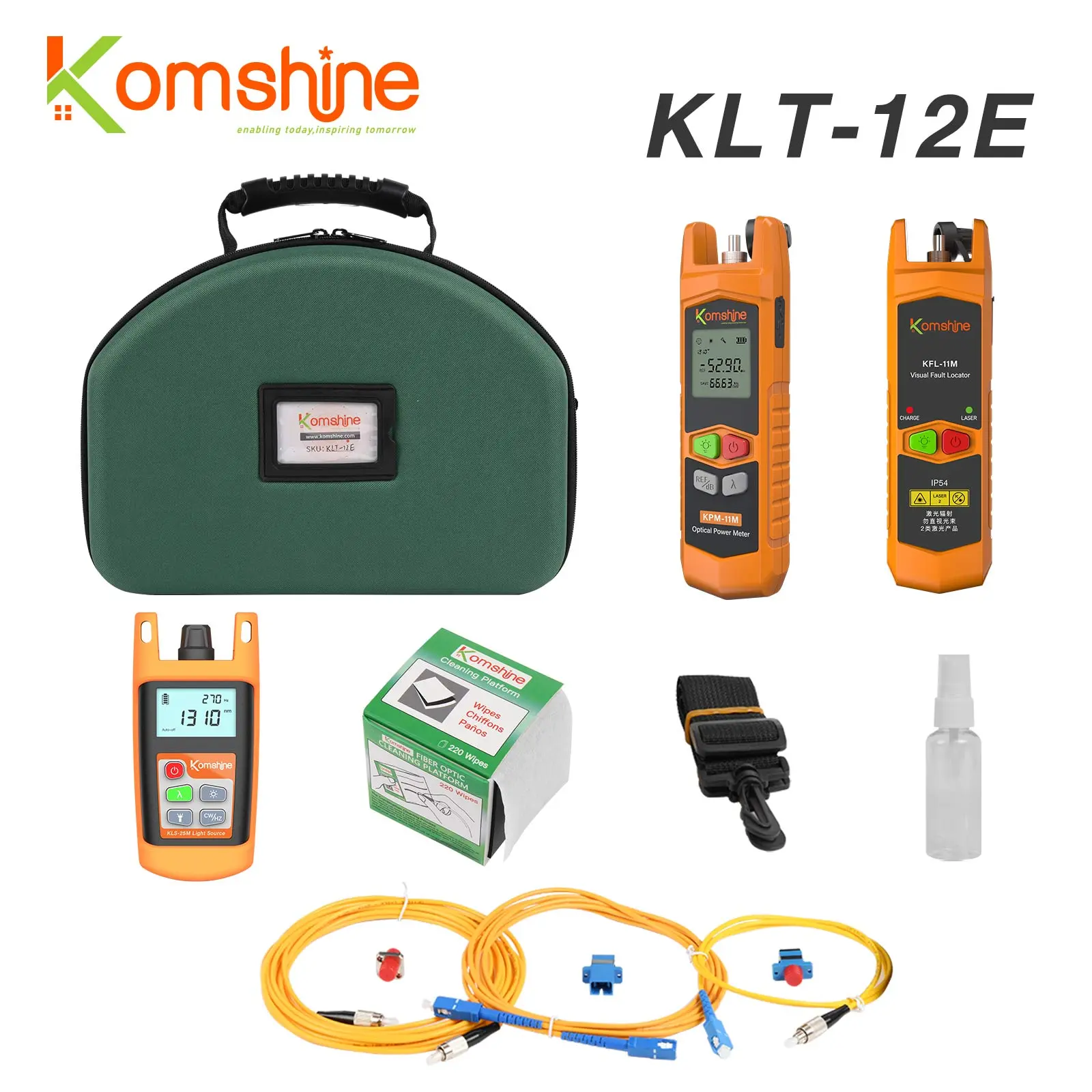 Optic Fiber Loss Tester OPM Optical Fiber Loss Test Kit Komshine KLT-12E + Optical Power Meter KPM-11 (-70~+10dB) + Singlemode Optical Light Source + VFL + FOCP Fiber Cleaner+ 1 Meter Jump Cable