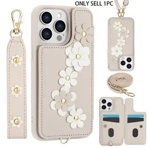 Flower Pattern Floral Phone Case with Card Slot & Lanyard, Dropproof Phone Case, Fashion iPhone 17Air 16 Pro Max 15Plus 14 13 12 11Pro Max Protective Case Compatible with iPhone, Cover, Casing, Smartphone