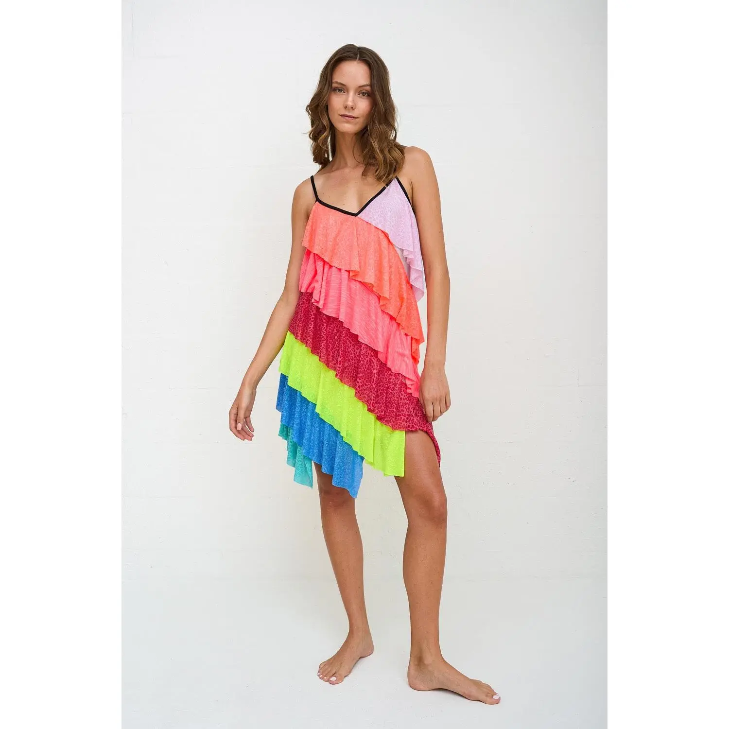 Asymmetrical Mini Dress for Women, Casual 1-Shoulder Style with Vibrant Rainbow Diagonal Stripes and a Playful Hemline, Sleeveless