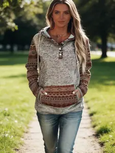 Women's Casual Long Sleeve Lapel Button Sweatshirt Drawstring Loose Pullover Tops,Sweatshirts For Women,Vintage Sweatshirts,Bohemian Western