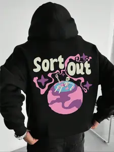 Men's Letter & Planet Print Drop Shoulder Hoodie Loungewear, Graphic Print Hoodie, Casual Regular Fit Drawstring Pocket Hooded Sweatshirt for Winter, Men's Sleepwear for Indoor Wear