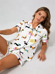 White Party Dachshund Print Cartoon Print Pajama Set Pyjamas for Women, Button Down Short Sleeve, Spring & Summer Loungewear, Pajamas Lounge Set, Black Trim Accents, Fun Cozy Home Outfit Pjs
