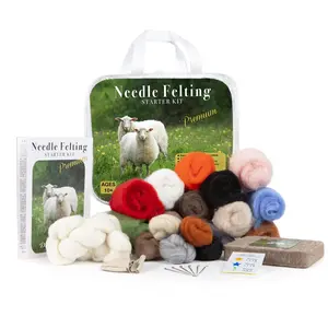 Complete Needle Felting Kit for Beginners - Wool, Needles, Pad & Leather Finger Guards - Complete USA Assembled Set