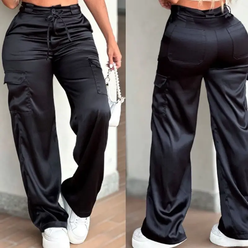 Pantalon Cargo Satinado Black - High-Waist Satin Trousers with Pockets for Stylish Wear