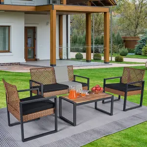 Wicker Patio Furniture Outdoor Conversation Set of 4, Acacia Wood Table, 2 Rattan Chairs, Loveseat, 2” Cushions, All-Weather, Easy Assembly