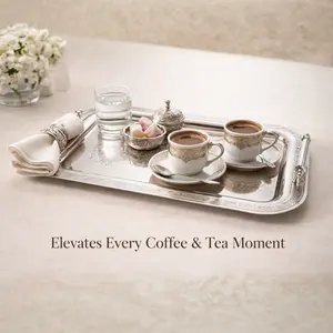 Park&Oz Set of 2 Stackable Stainless-Steel Trays – 14.5'' x 9.8'' Elegant Rectangle Ottoman-Style Decorative Trays – Multi-Purpose Non-Tarnishing Serving Trays for Coffee, Beverages, and Home Decor (SILVER)