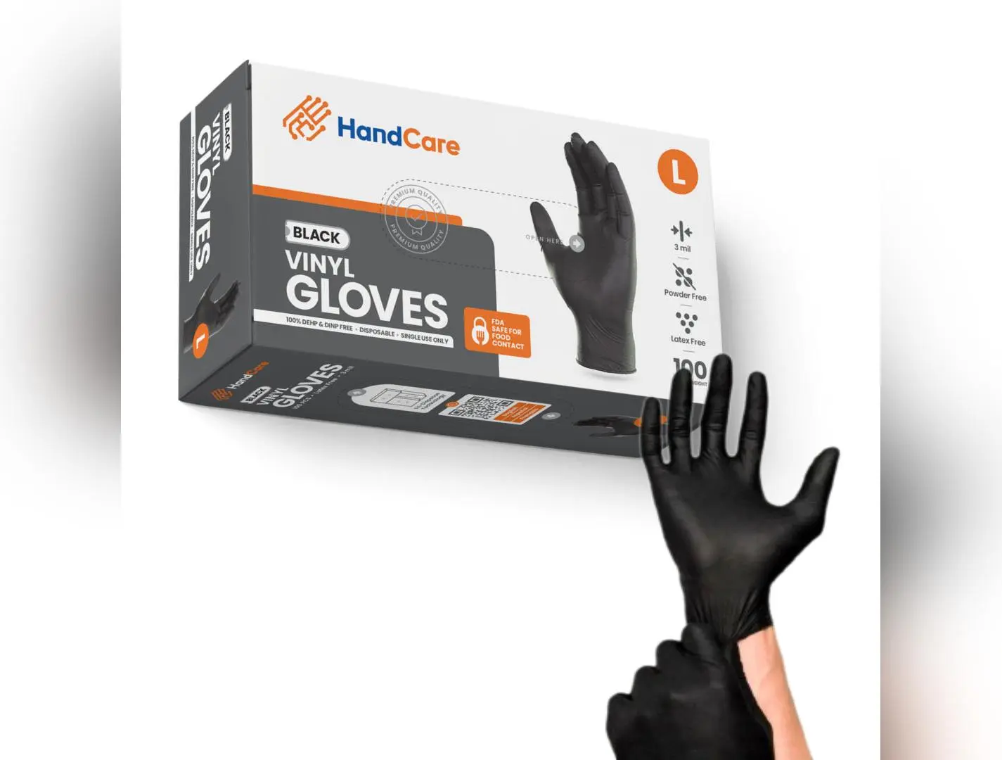 HandCare Black Vinyl Gloves - Powder Free (3 Mil), 100 Gloves