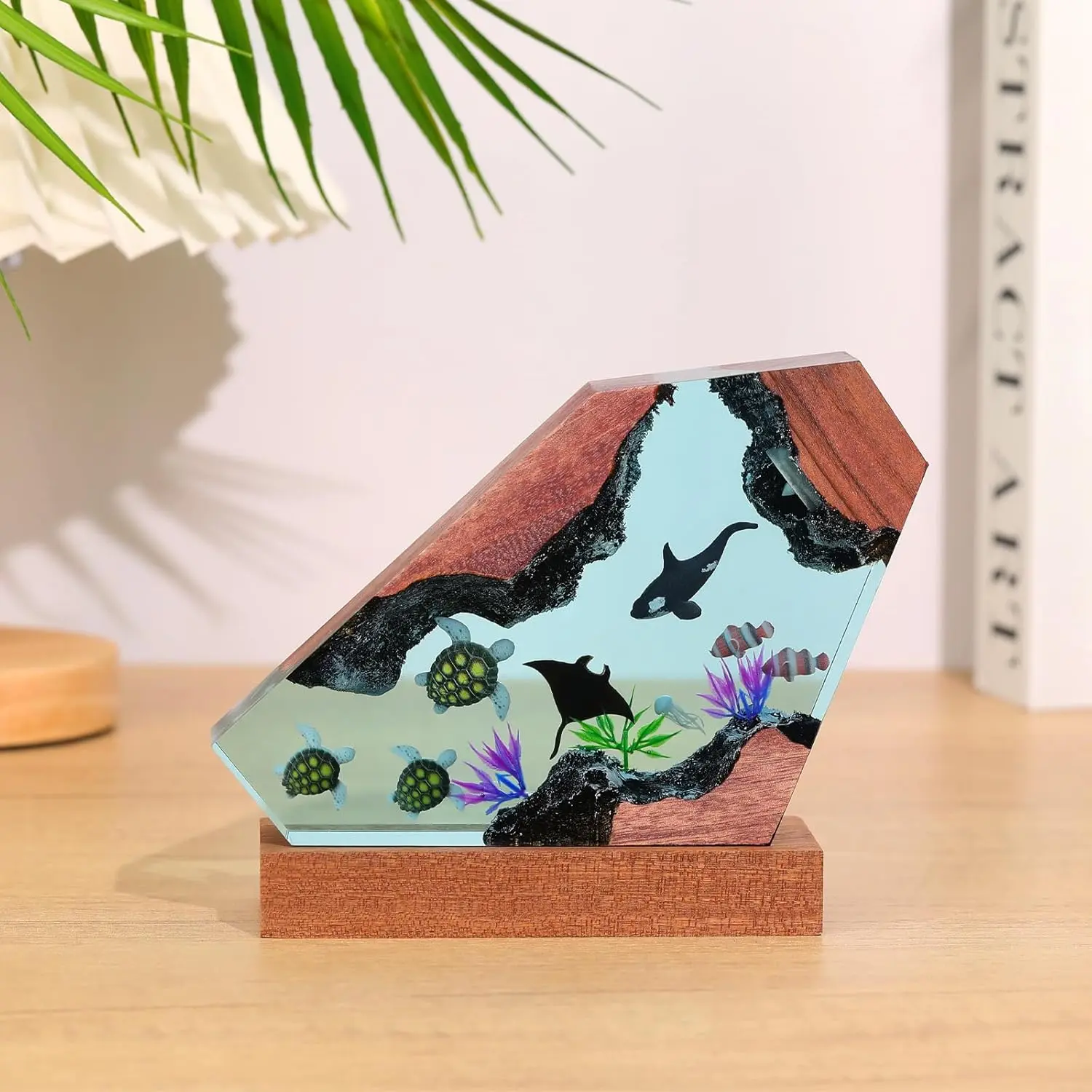 Handmade Orca Ocean Epoxy Resin Night Light - USB-Port Multicolor Soft LED Lamp, Natural Wood & Epoxy Resin Craft, Home Bedroom Decor, Marine Biology Themed Adult Birthday Gift Ideas