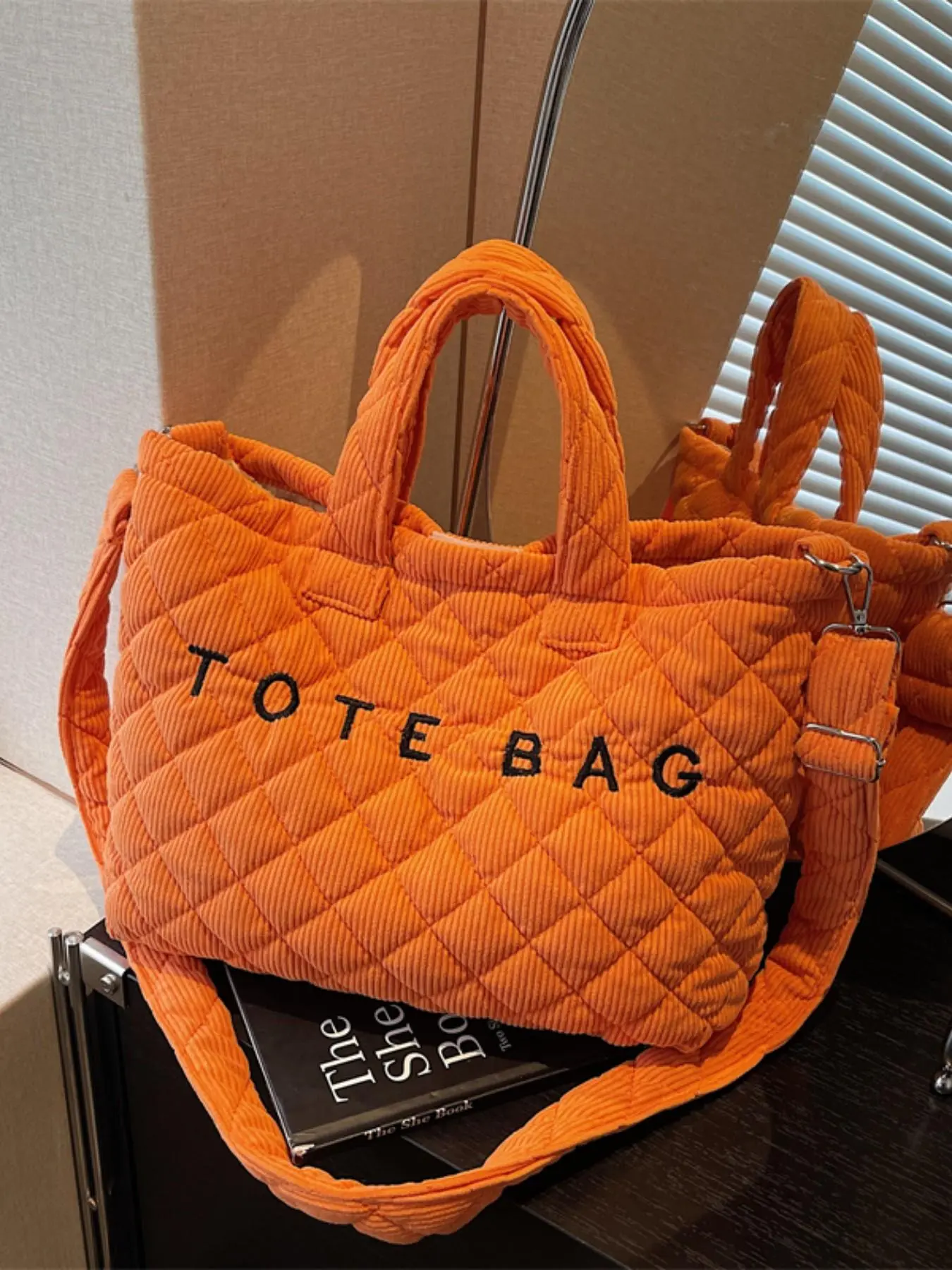 Commuter Tote in Vibrant Orange Corduroy Diamond-Quilted Shoulder Bag Stylish and Versatile Large-Capacity Fashionable Crossbody Bag New Date Night Out Bag Cross Body Bags