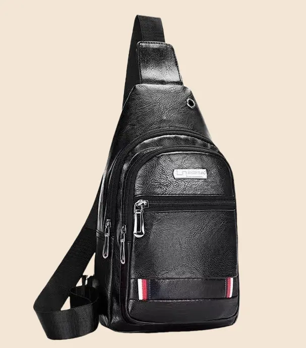 For Men PU Soft Leather Chest Bag, Simple Shoulder Bag, Waterproof Casual Business Messenger Bag With Headphone Jack