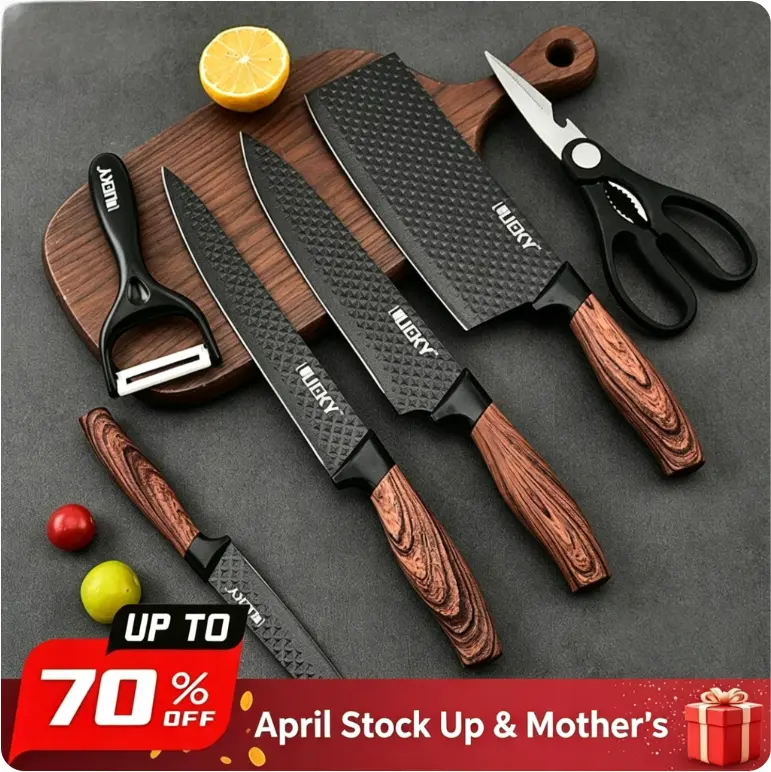 6 Piece Kitchen Knife Set, Chef Knife Set, Black Kitchen Knife Set Sharp Meat Knives for Cooking, Non-Stick Stainless Steel, Ergonomic Design Wood Handle, Chef's Knife, Small Cleaver, Meat Cleaver, Paring Knife, Scissors