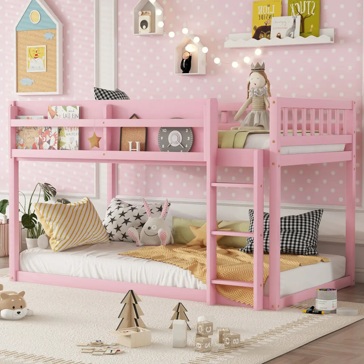 Modern Twin Over Twin Low Floor Bunk Bed with Ladder, Solid Wood Space Saving Sleeper, Unique Bedroom Furniture Bed Frame