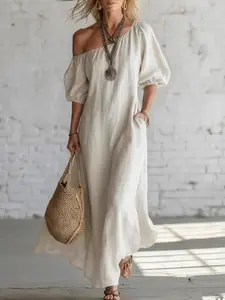 Cross-Border European and American Temu Summer Women's Solid Color Loose Shoulder High-End Retro Casual Wear Long Cotton Linen Breathable Dress with Pockets