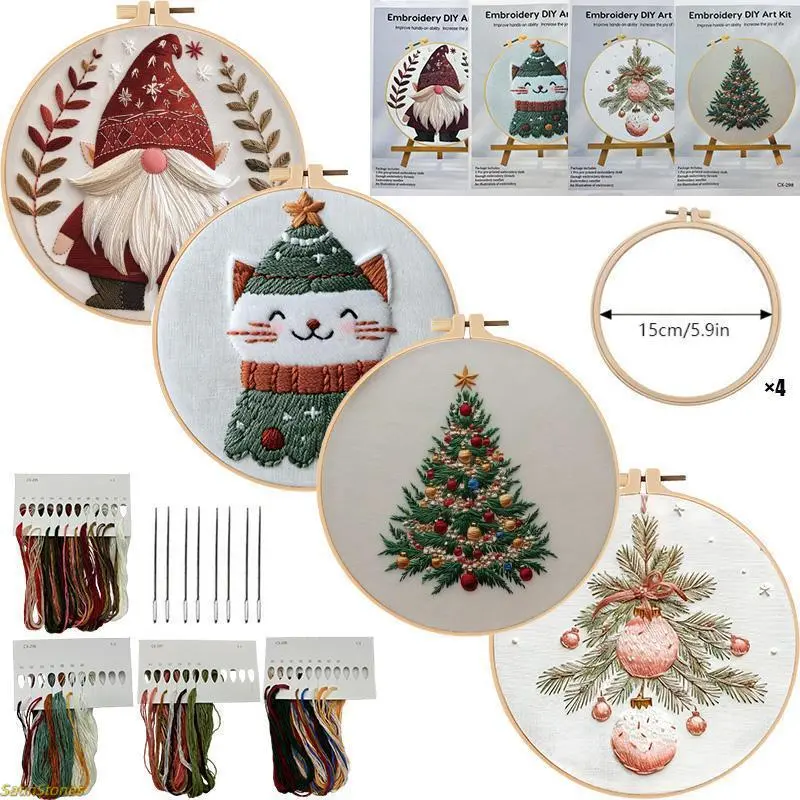 Christmas Embroidery Stitch Kits for Beginners, Handmade Handkerchief Needle Crafts Project with English Guide for Holiday Home Decor, Needle Crafts Kit