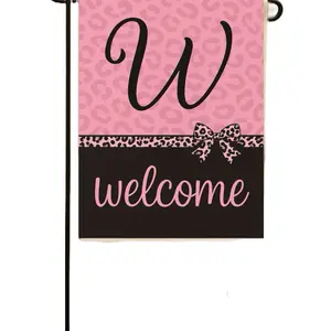Pink Leopard Welcome Letter Garden Flag with Black Base and Leopard Print Bow Design