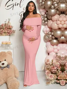 Women Off-Shoulder Fishtail Maxi Dress for Maternity Baby Shower Classic White Bodycon Silhouette with Mermaid Hem Long Regular Sleeves Pregnancy Clothes