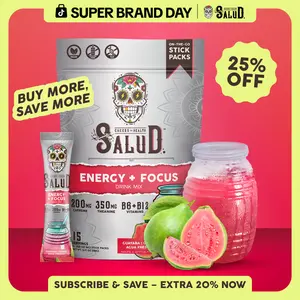 Salud 2-in-1 [Energy + Focus – Guava] Clean Energy Drink Mix, Agua Fresca, Organic Caffeine, B6 & B12, L-Theanine, Drink Packets, Non-GMO, Gluten Free, Vegan, Low Calorie, 1g Sugar (15 Servings)