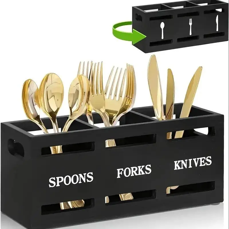 3-in-1 Rectangular Wooden Kitchen Utensil Holder Organiser - Countertop Storage Caddy with Cutlery Slots, Salt and Pepper Shakers, Stable Base, Home Organizer Accessory