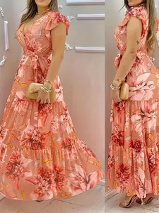 New Women's V Neck Floral Print Chiffon Breathable Maxi Dress with Adjustable Waist Belt, Slim-Fitting Summer Dress for Club Parties and Special Occasions, Womenswear