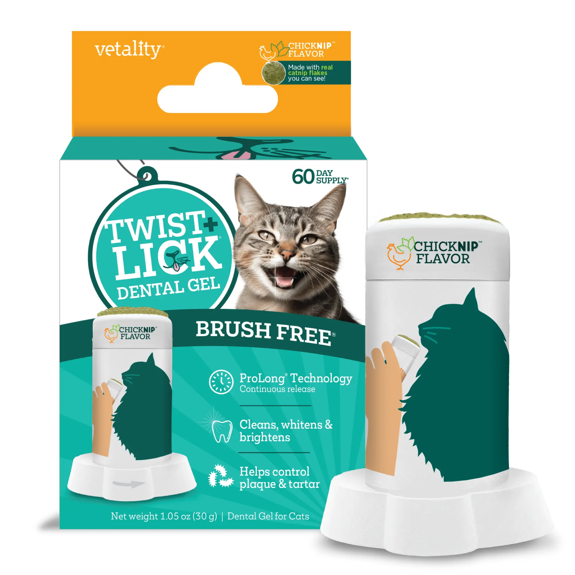 Twist + Lick Dental Gel for Cats, Cleans Teeth and Freshens Breath for 24 Hours, Cat Nip Flavor, 30 Day Supply