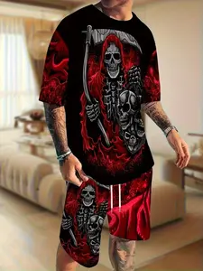 Men's Printed Short Sleeve T-Shirt + Shorts Set, Casual Sportswear, Breathable Outdoor Wear, Summer 3D Set, Adult Men, Menswear Outfit, Clothes