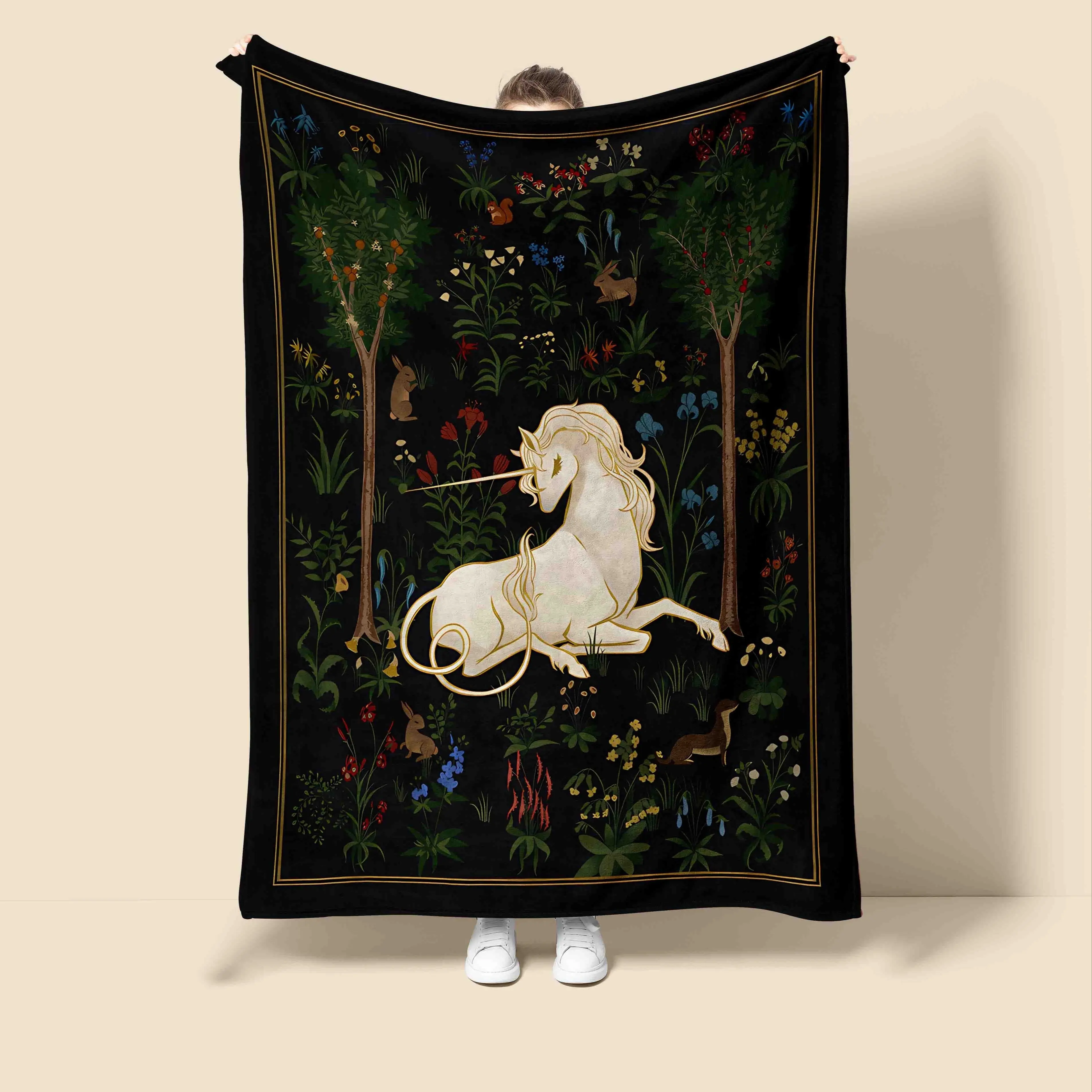 Enchanting Cartoon Unicorn Flannel Cozy Throw Blanket - All-Season, Machine-Washable, Multi-Color Home Blanket with Magical Forest-Floral Design for Whimsical Room & House Decor