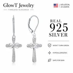 925 Sterling Silver Cross Earrings Infinity Dangle Drop Earrings Dainty Cubic Zirconia Decorated Faithful Jewelry for Protection