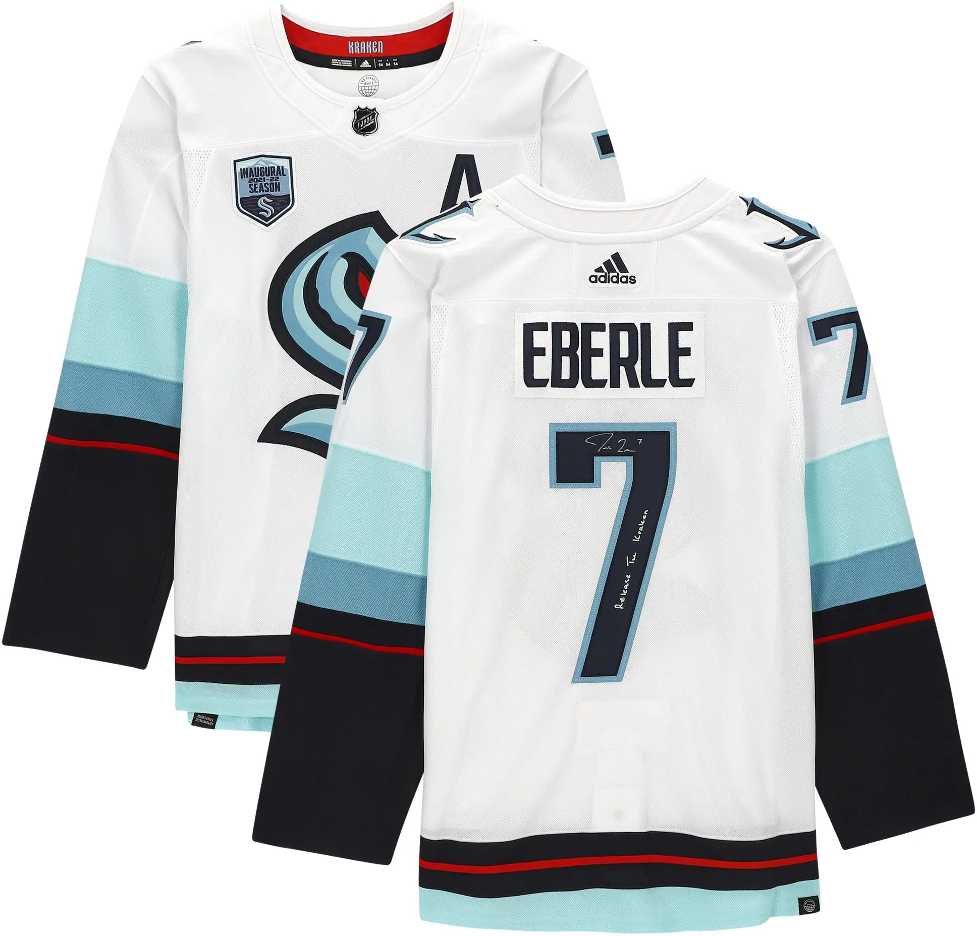 Jordan Eberle Seattle Kraken Autographed White Adidas Authentic Jersey with ''Release The Kraken'' Inscription and Inaugural Season Jersey Patch - Fanatics Authentic Certified